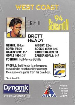 1994 AFL Sensation #6 Brett Heady Back